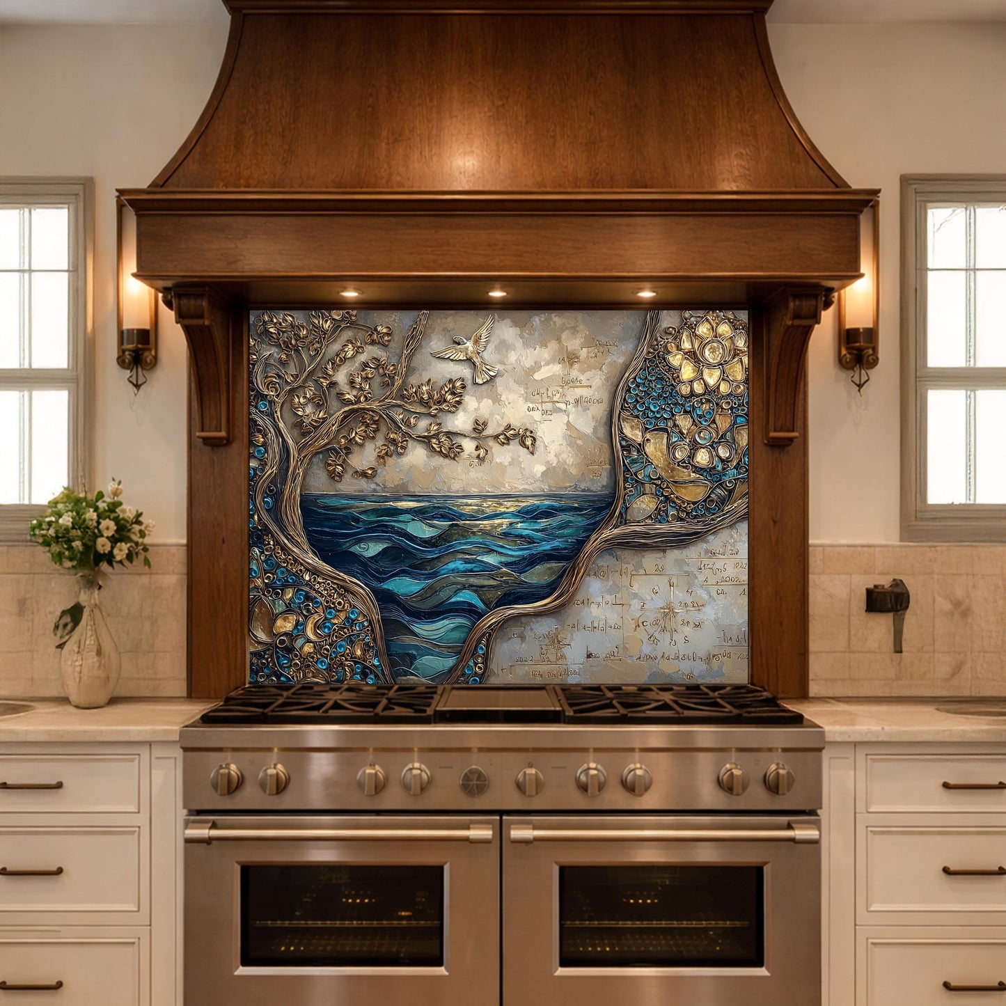 Tree and Ocean Wave Glass Kitchen Backsplash Panel, Blue Gold Wall Art Decor