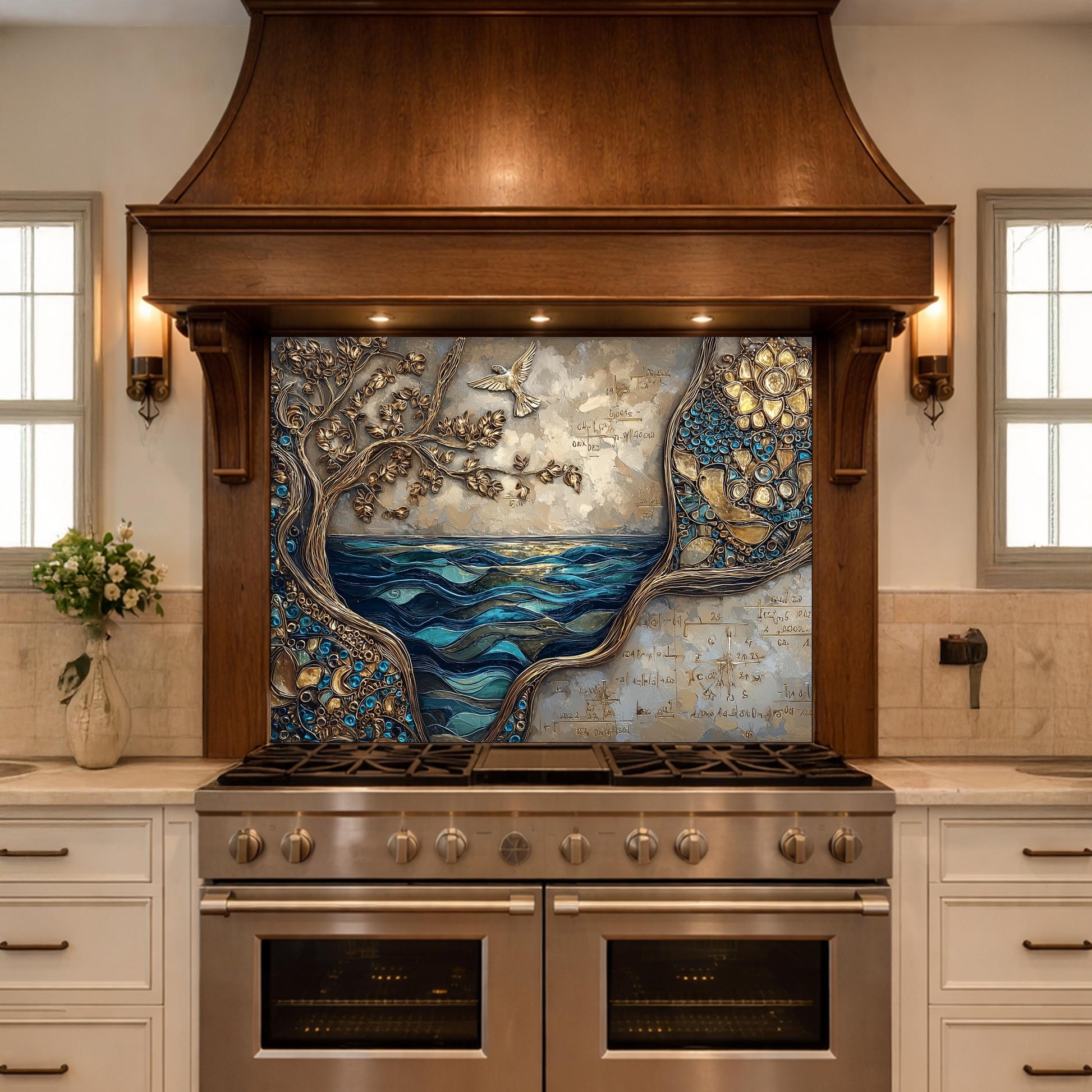 Tree and Ocean Wave Glass Kitchen Backsplash Panel, Blue Gold Wall Art Decor