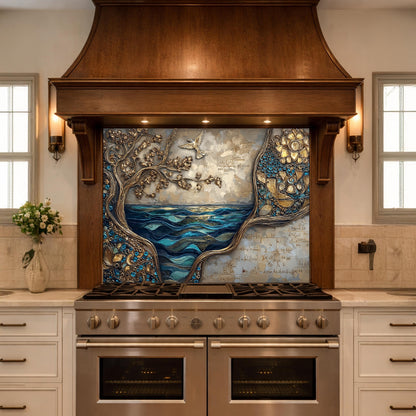 Tree and Ocean Wave Glass Kitchen Backsplash Panel, Blue Gold Wall Art Decor