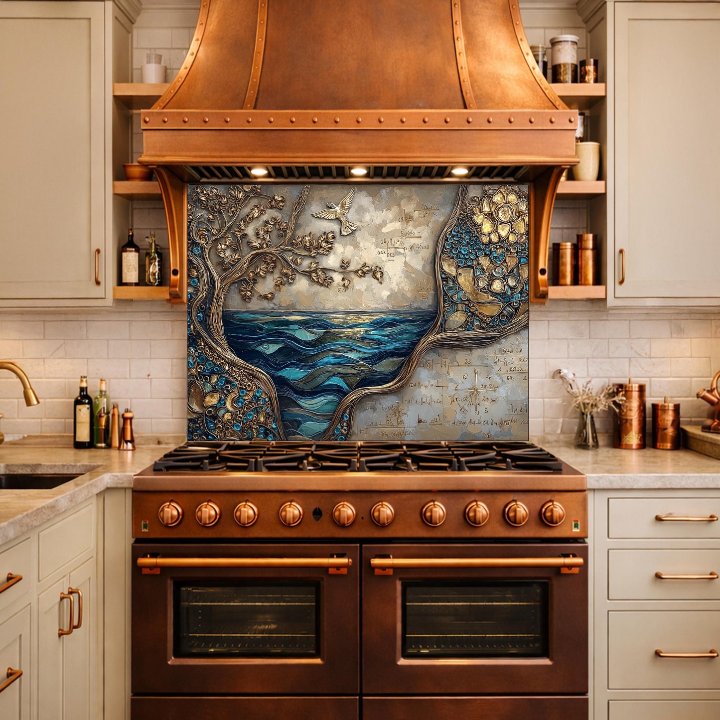 Tree and Ocean Wave Glass Kitchen Backsplash Panel, Blue Gold Wall Art Decor