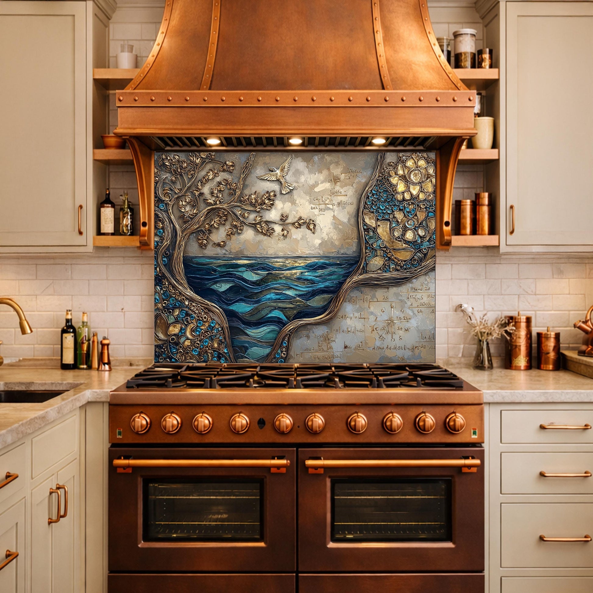 Tree and Ocean Wave Glass Kitchen Backsplash Panel, Blue Gold Wall Art Decor
