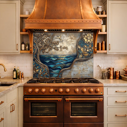 Tree and Ocean Wave Glass Kitchen Backsplash Panel, Blue Gold Wall Art Decor