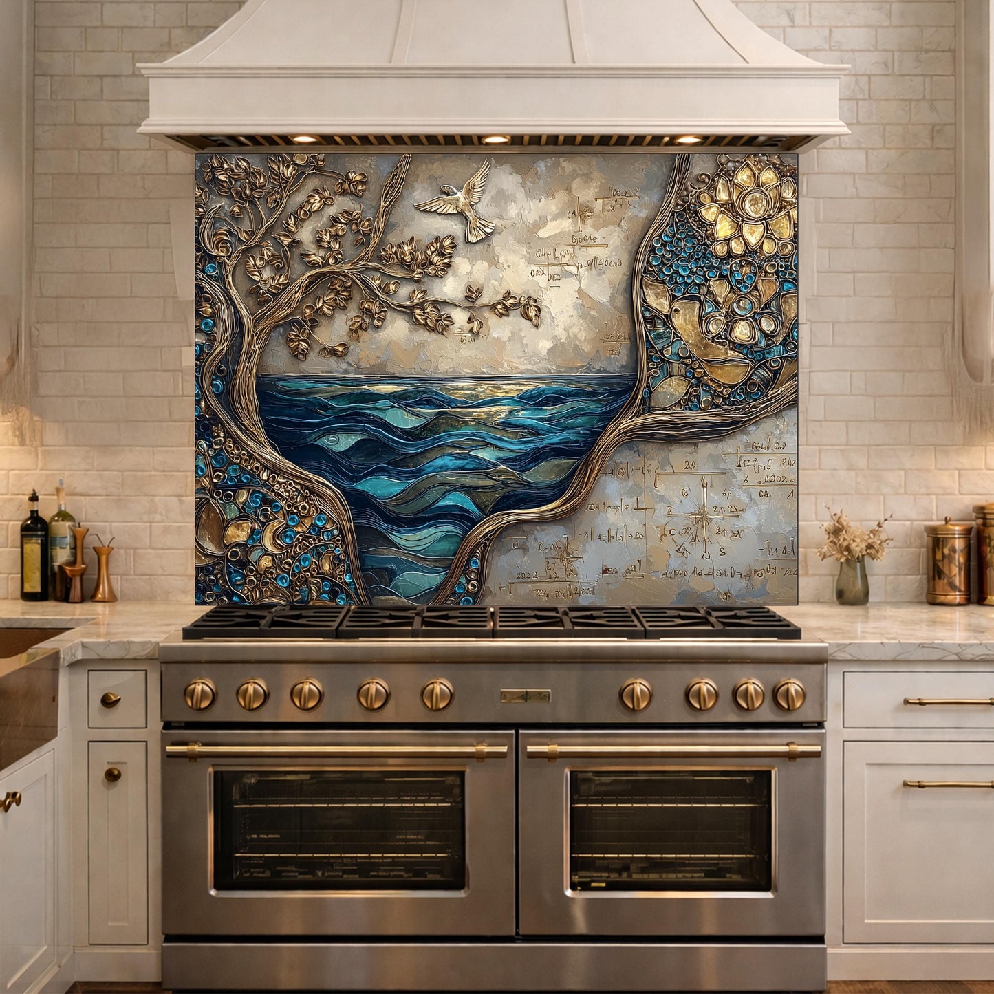Tree and Ocean Wave Glass Kitchen Backsplash Panel, Blue Gold Wall Art Decor