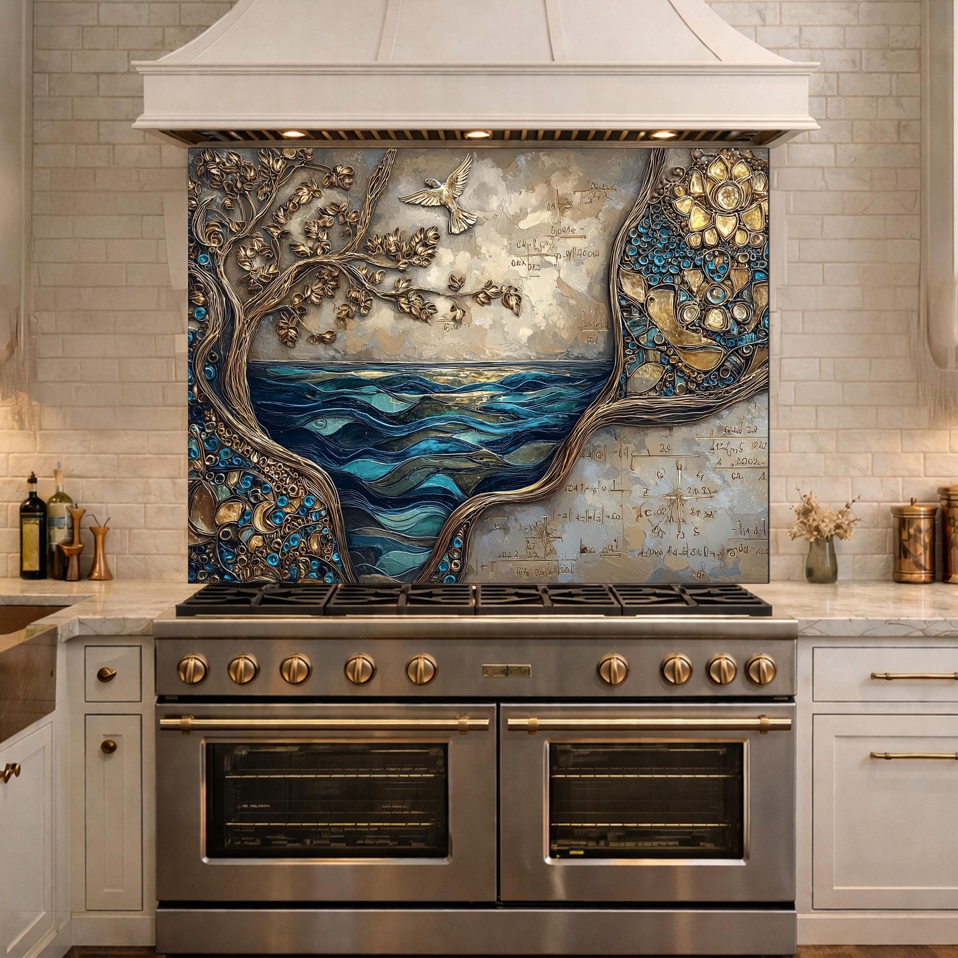 Tree and Ocean Wave Glass Kitchen Backsplash Panel, Blue Gold Wall Art Decor
