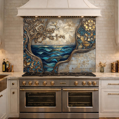 Tree and Ocean Wave Glass Kitchen Backsplash Panel, Blue Gold Wall Art Decor