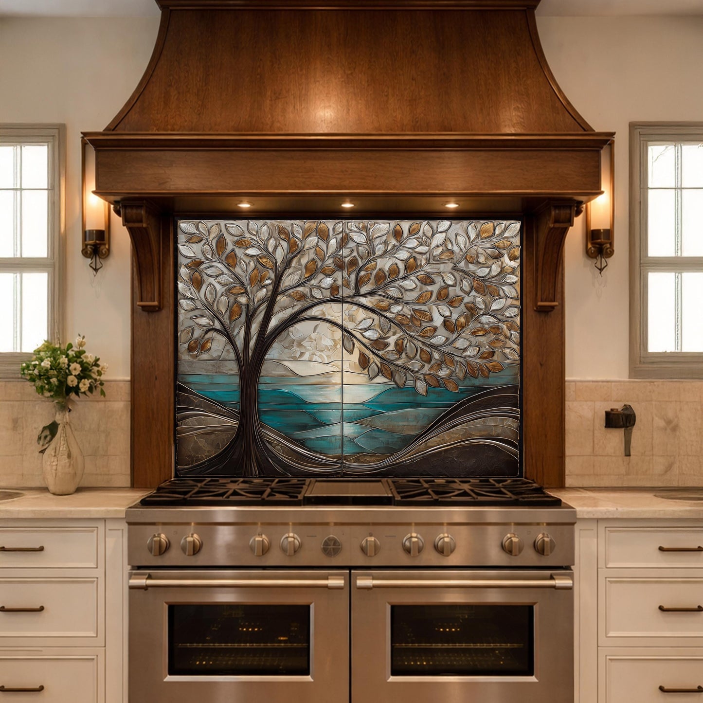 Tree Landscape Glass Kitchen Backsplash Panel, Teal Lake Nature Wall Art Decor