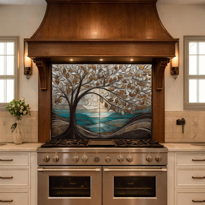 Tree Landscape Glass Kitchen Backsplash Panel, Teal Lake Nature Wall Art Decor