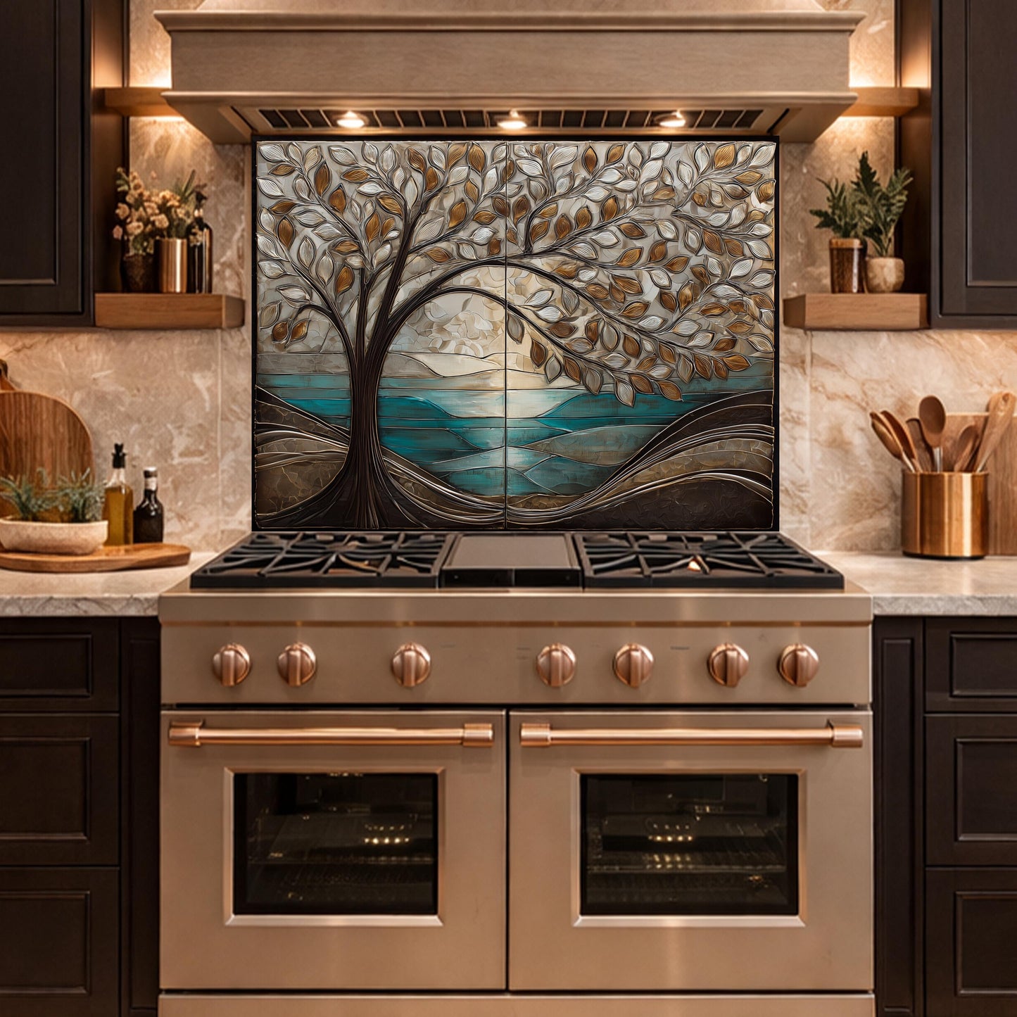 Tree Landscape Glass Kitchen Backsplash Panel, Teal Lake Nature Wall Art Decor