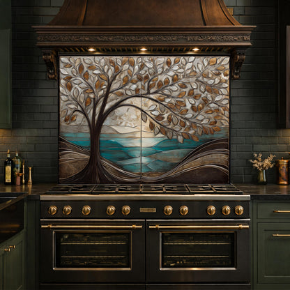 Tree Landscape Glass Kitchen Backsplash Panel, Teal Lake Nature Wall Art Decor