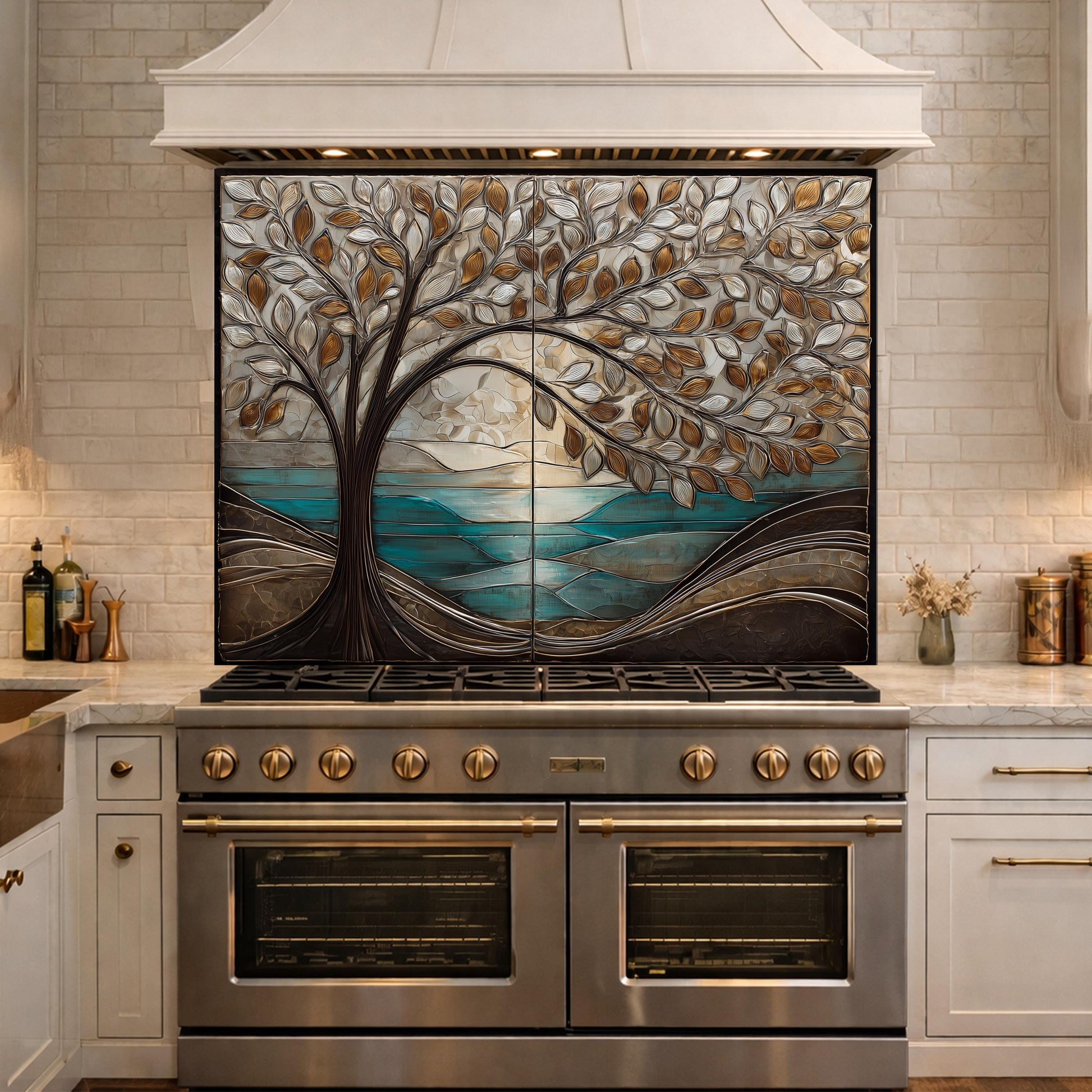 Tree Landscape Glass Kitchen Backsplash Panel, Teal Lake Nature Wall Art Decor