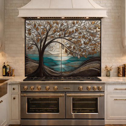 Tree Landscape Glass Kitchen Backsplash Panel, Teal Lake Nature Wall Art Decor
