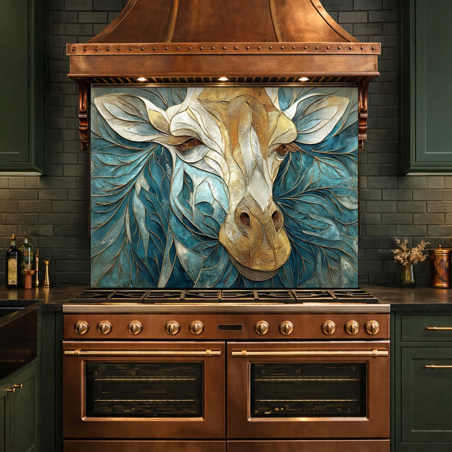 Tempered Glass Giraffe Kitchen Backsplash Panel – Teal Gold Safari Animal Stove Art