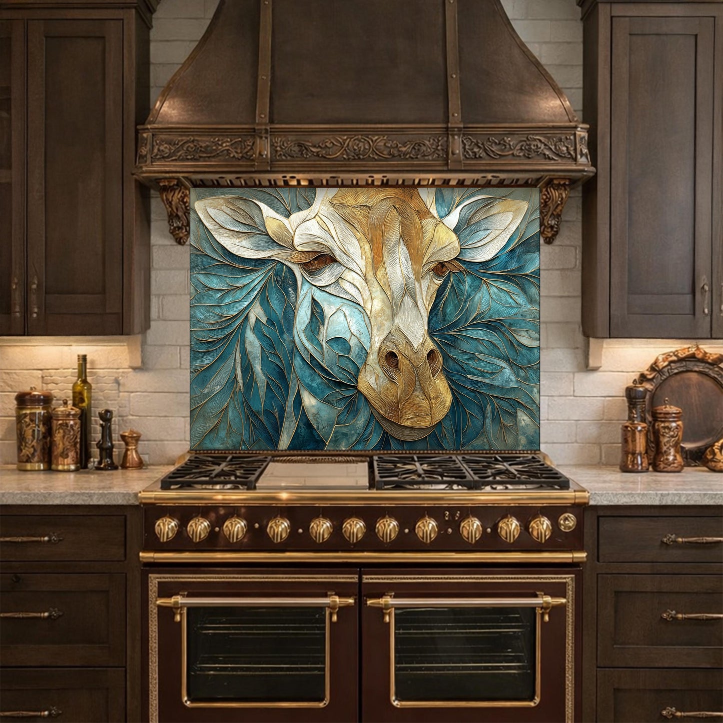 Tempered Glass Giraffe Kitchen Backsplash Panel – Teal Gold Safari Animal Stove Art