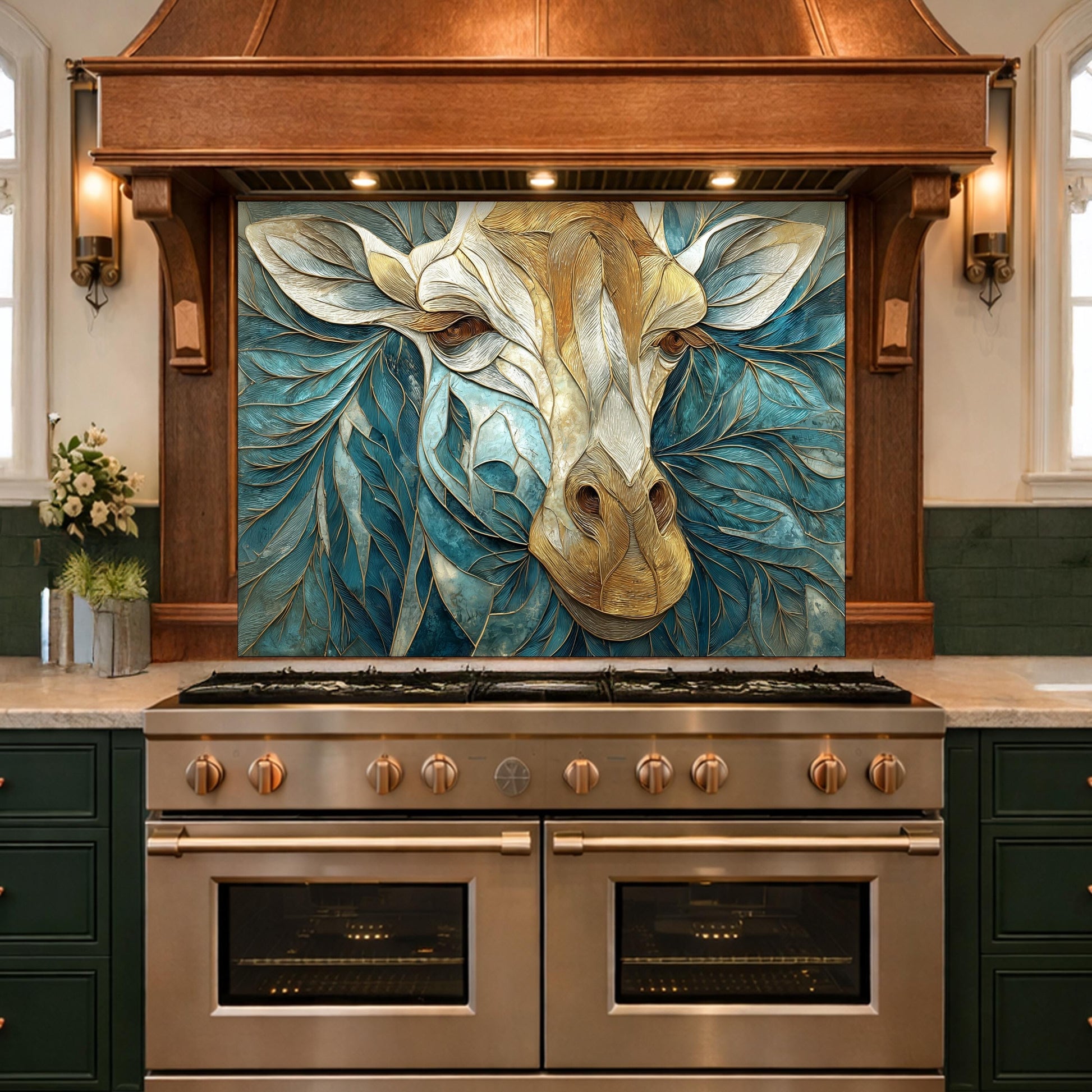 Tempered Glass Giraffe Kitchen Backsplash Panel – Teal Gold Safari Animal Stove Art