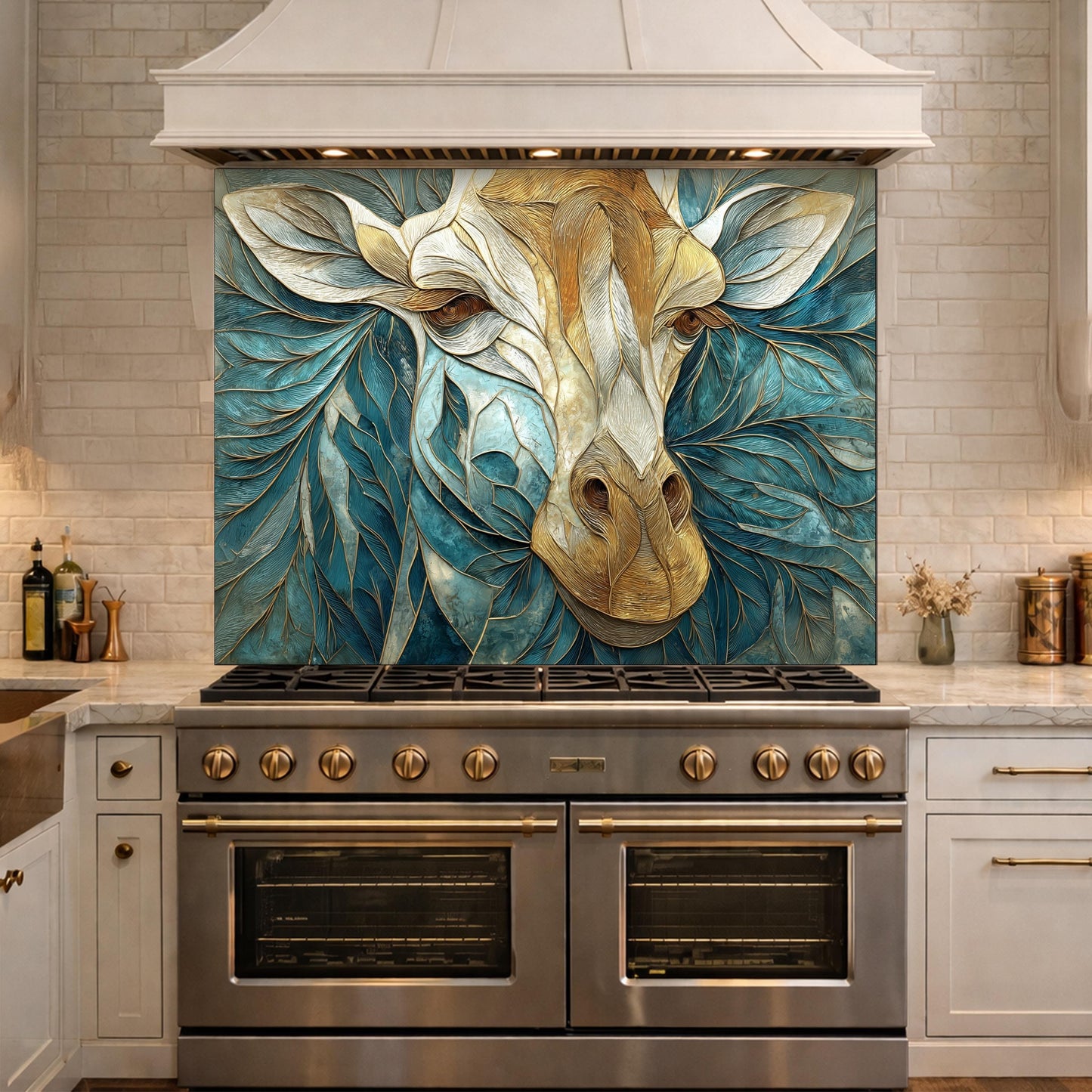 Tempered Glass Giraffe Kitchen Backsplash Panel – Teal Gold Safari Animal Stove Art