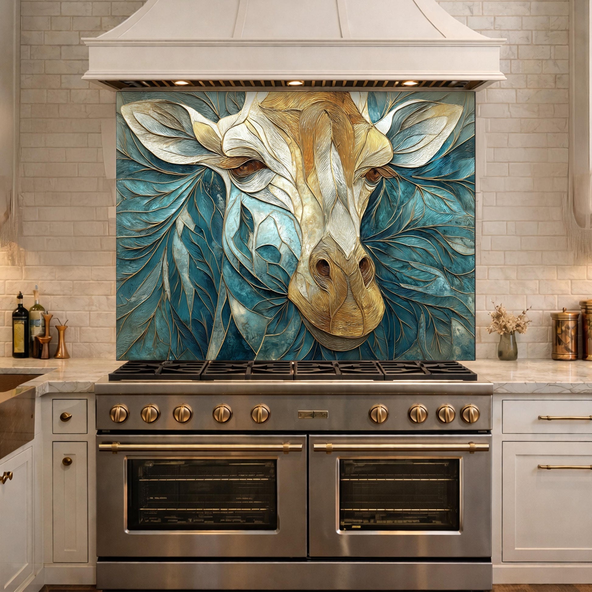 Tempered Glass Giraffe Kitchen Backsplash Panel – Teal Gold Safari Animal Stove Art