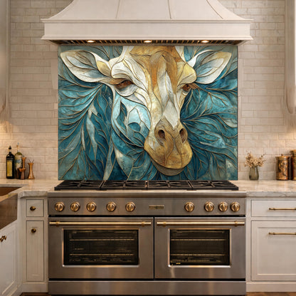 Tempered Glass Giraffe Kitchen Backsplash Panel – Teal Gold Safari Animal Stove Art