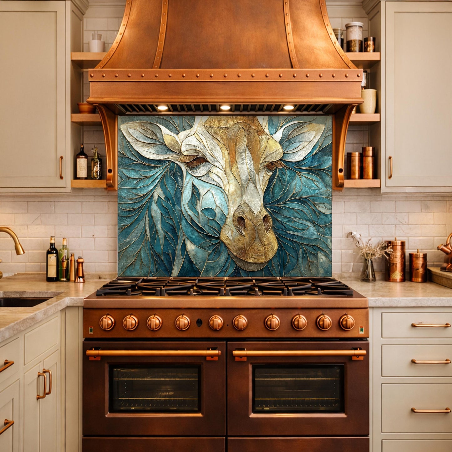 Tempered Glass Giraffe Kitchen Backsplash Panel – Teal Gold Safari Animal Stove Art