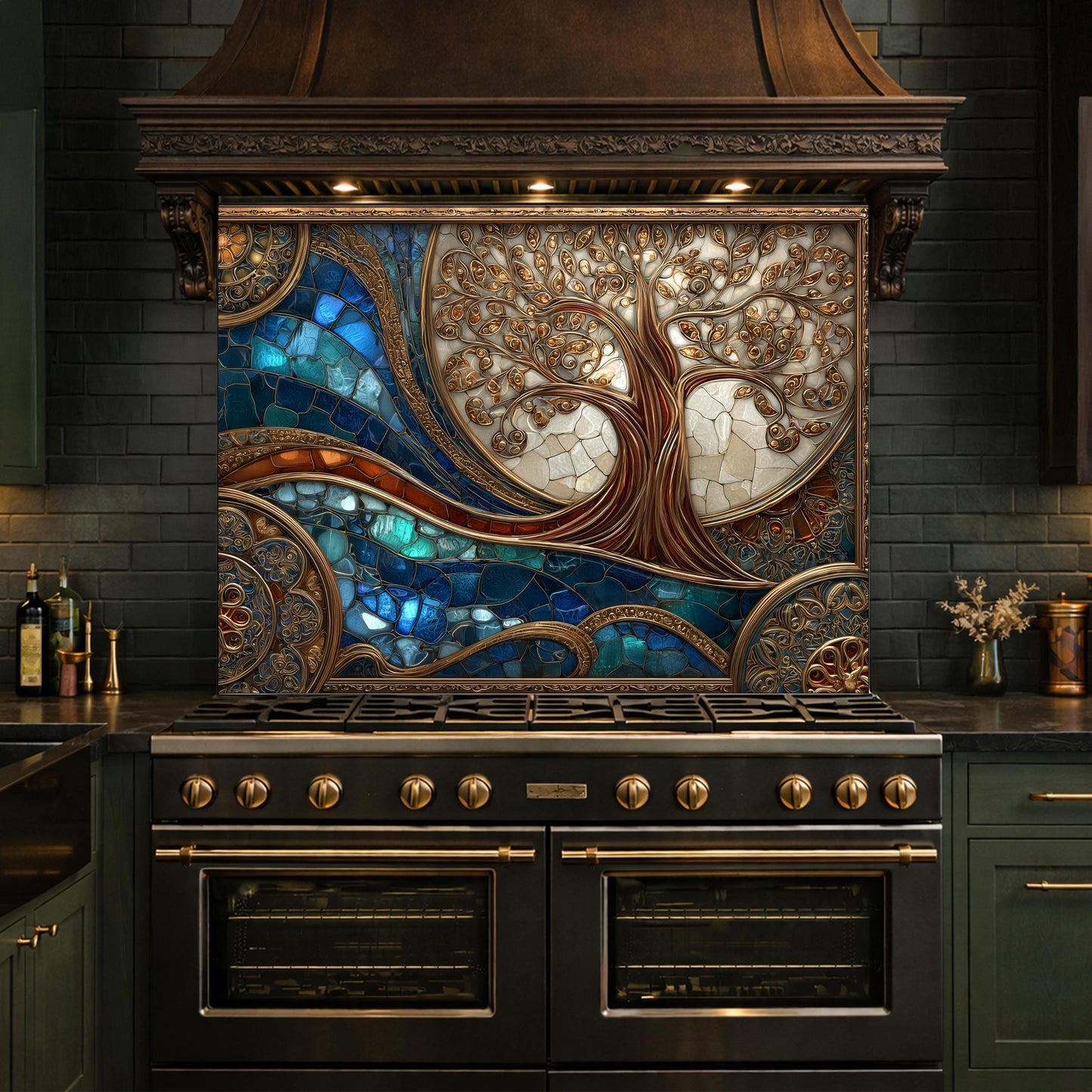 Tree of Life Copper Look Tempered Glass Kitchen Backsplash, Blue Marble Wave Stove Guard