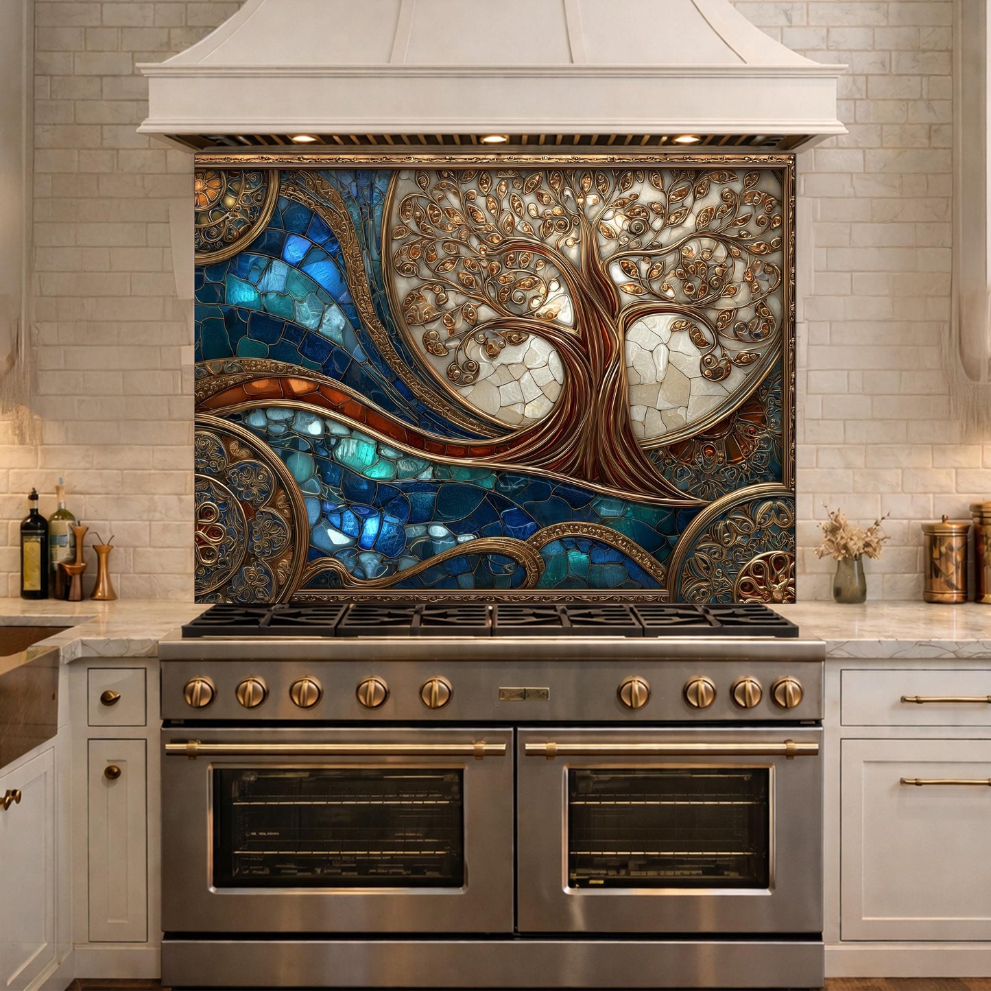 Tree of Life Copper Look Tempered Glass Kitchen Backsplash, Blue Marble Wave Stove Guard