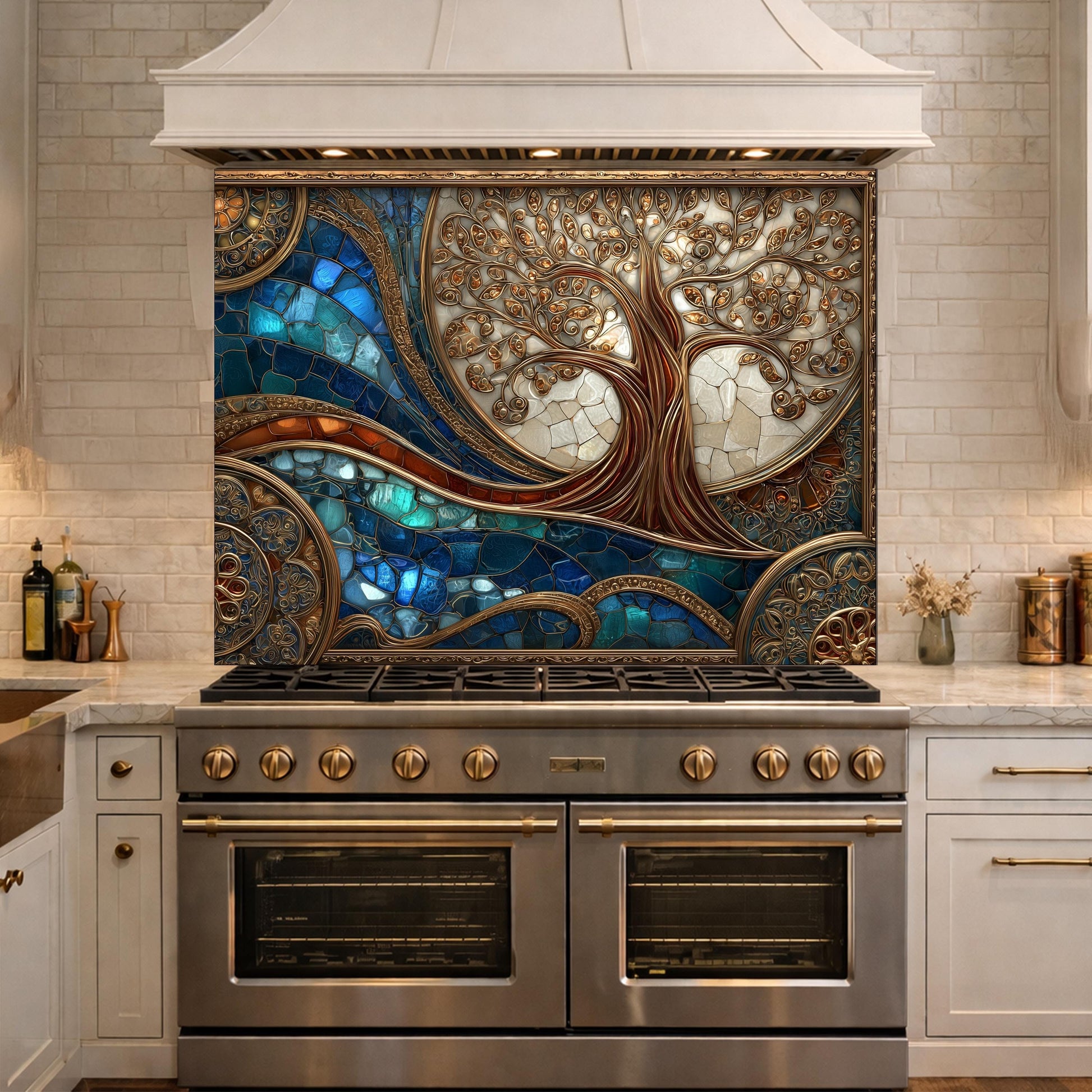 Tree of Life Copper Look Tempered Glass Kitchen Backsplash, Blue Marble Wave Stove Guard