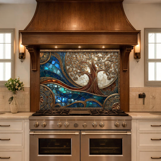 Tree of Life Copper Look Tempered Glass Kitchen Backsplash, Blue Marble Wave Stove Guard