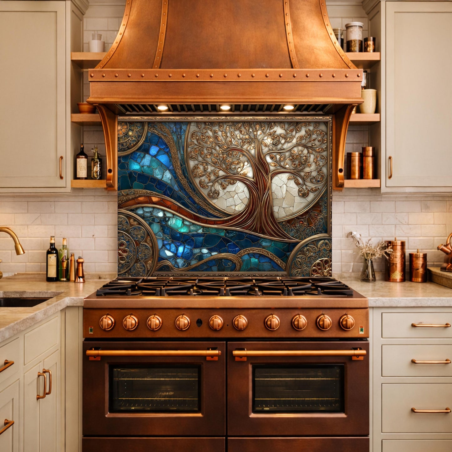 Tree of Life Copper Look Tempered Glass Kitchen Backsplash, Blue Marble Wave Stove Guard