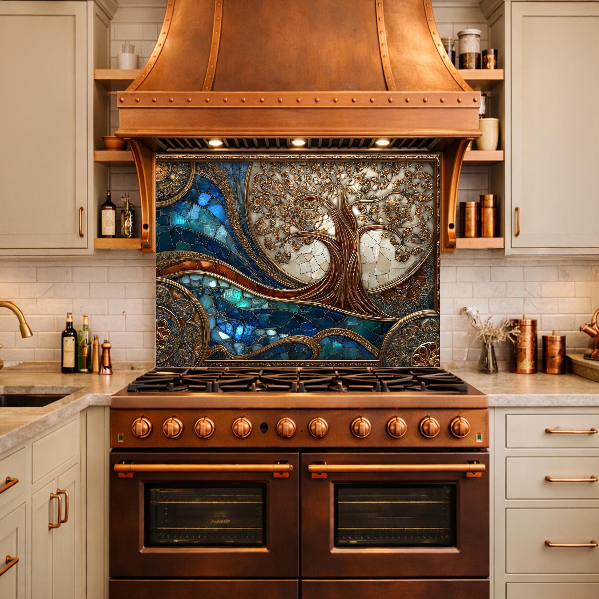 Tree of Life Copper Look Tempered Glass Kitchen Backsplash, Blue Marble Wave Stove Guard
