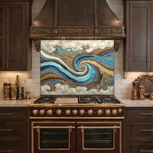 Abstract Marble Wave Tempered Glass Kitchen Backsplash, Blue Gold Swirl Art Stove Guard