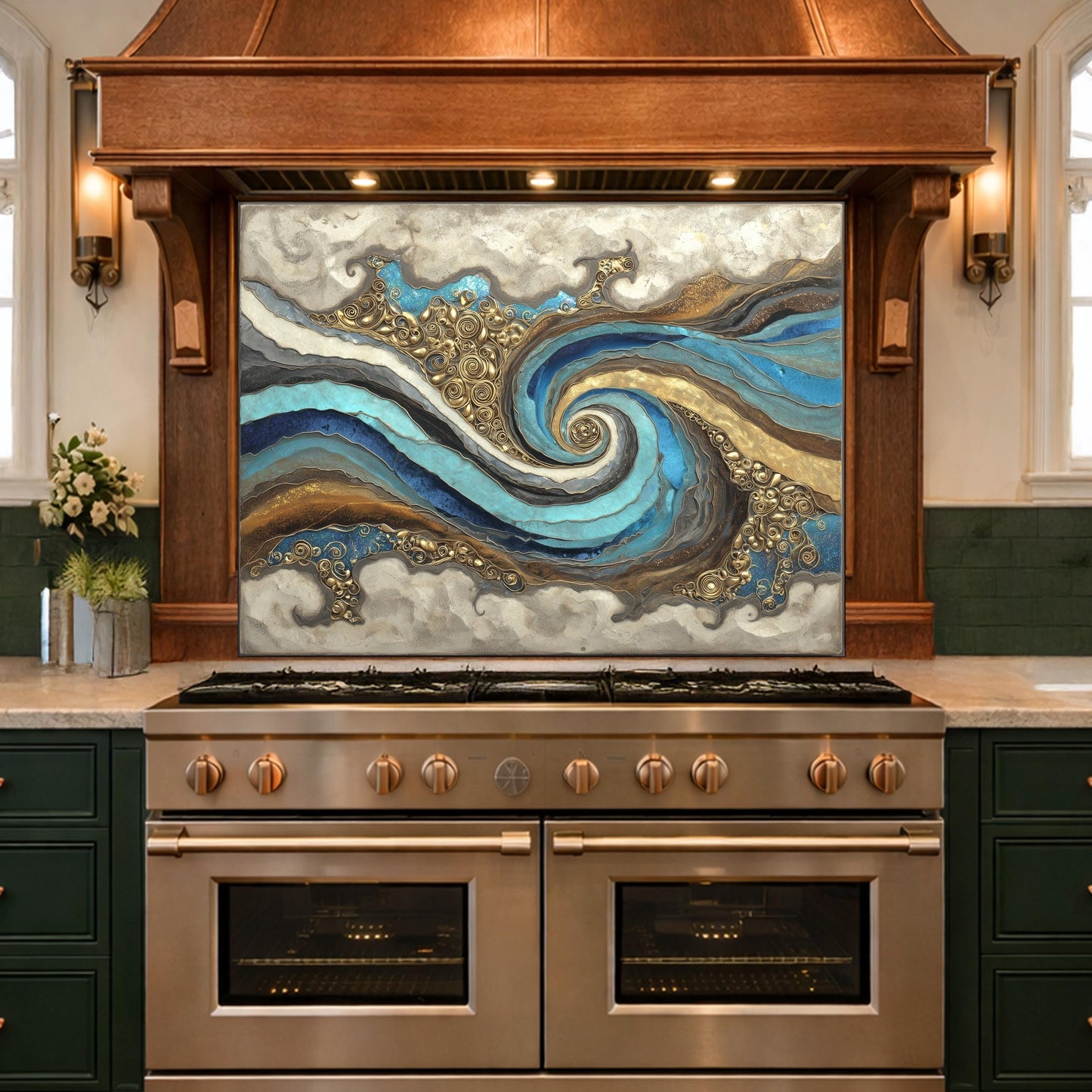 Abstract Marble Wave Tempered Glass Kitchen Backsplash, Blue Gold Swirl Art Stove Guard