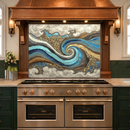 Abstract Marble Wave Tempered Glass Kitchen Backsplash, Blue Gold Swirl Art Stove Guard