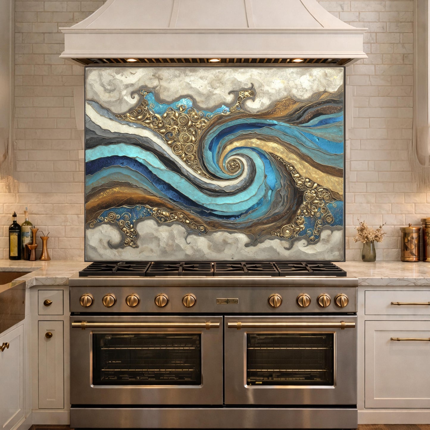 Abstract Marble Wave Tempered Glass Kitchen Backsplash, Blue Gold Swirl Art Stove Guard
