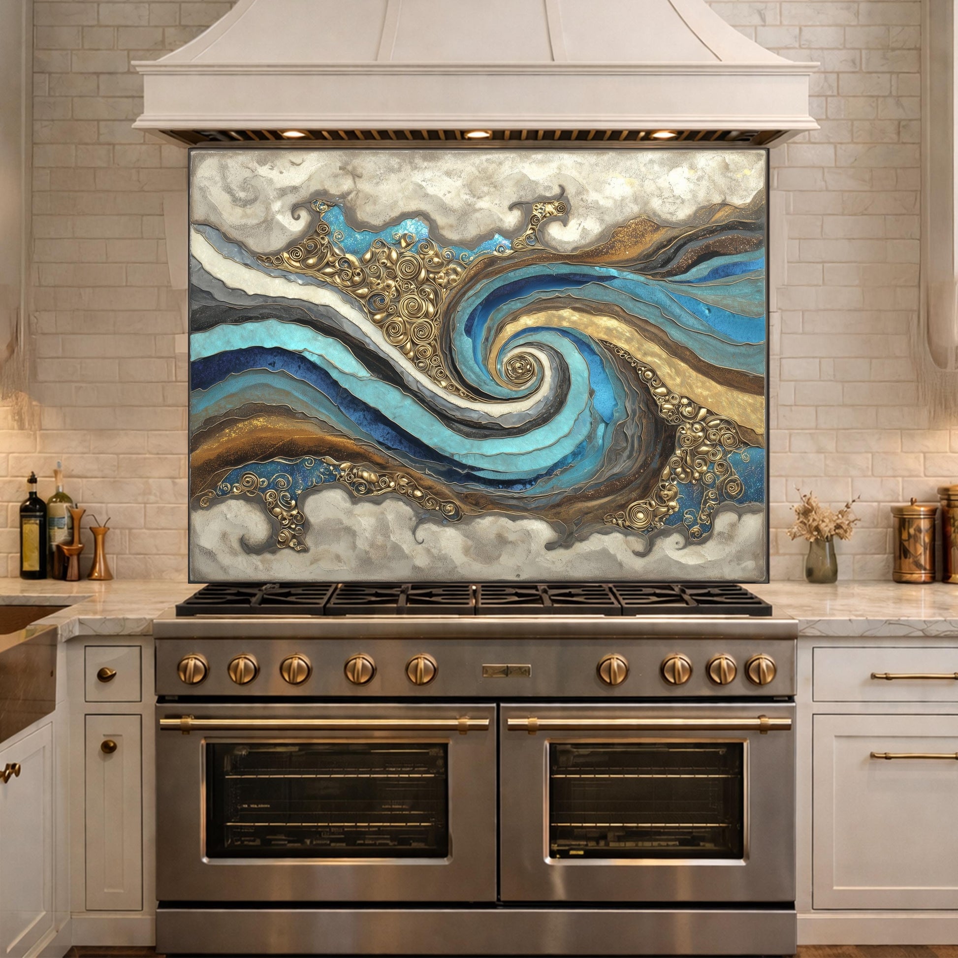 Abstract Marble Wave Tempered Glass Kitchen Backsplash, Blue Gold Swirl Art Stove Guard