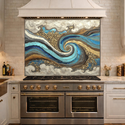Abstract Marble Wave Tempered Glass Kitchen Backsplash, Blue Gold Swirl Art Stove Guard