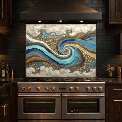 Abstract Marble Wave Tempered Glass Kitchen Backsplash, Blue Gold Swirl Art Stove Guard