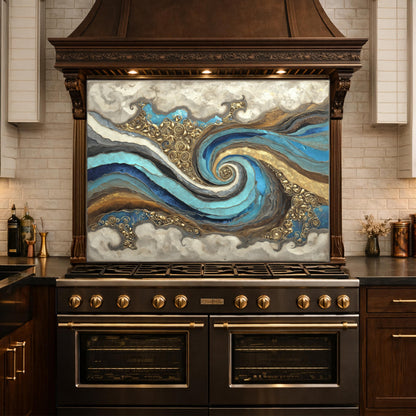 Abstract Marble Wave Tempered Glass Kitchen Backsplash, Blue Gold Swirl Art Stove Guard