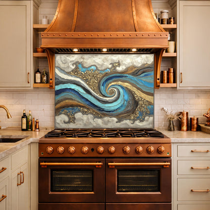 Abstract Marble Wave Tempered Glass Kitchen Backsplash, Blue Gold Swirl Art Stove Guard