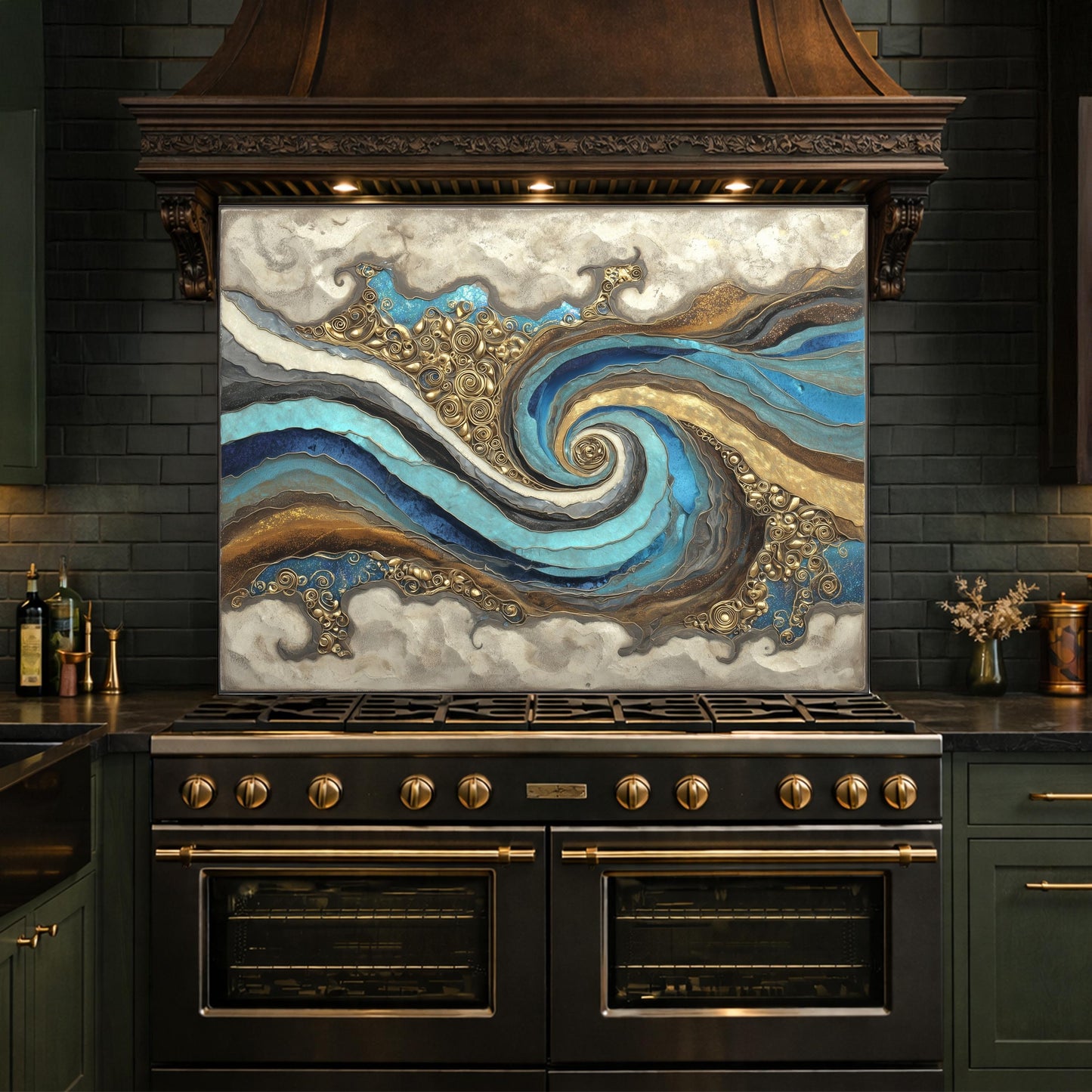 Abstract Marble Wave Tempered Glass Kitchen Backsplash, Blue Gold Swirl Art Stove Guard