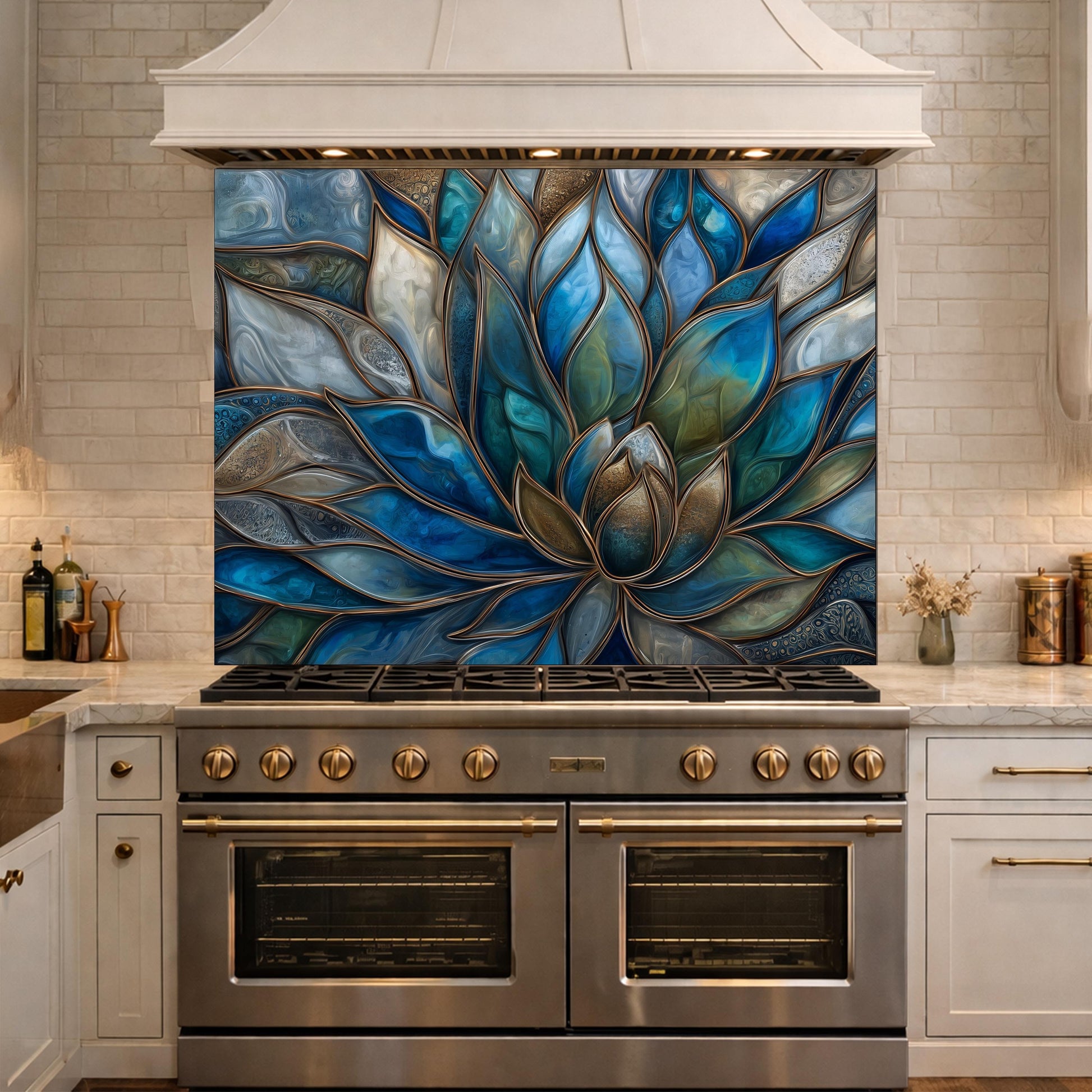 Blue Lotus Flower Tempered Glass Kitchen Backsplash, Stained Glass Mosaic Art Panel