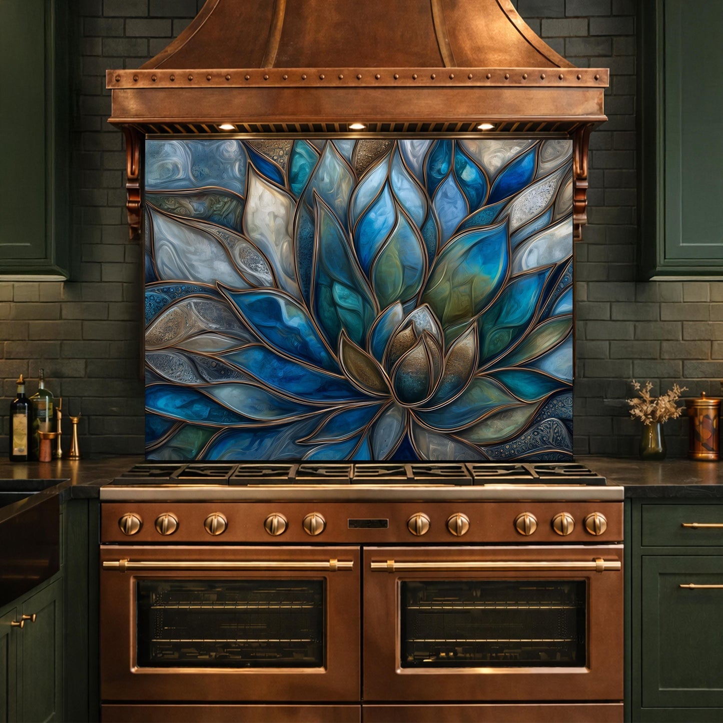 Blue Lotus Flower Tempered Glass Kitchen Backsplash, Stained Glass Mosaic Art Panel