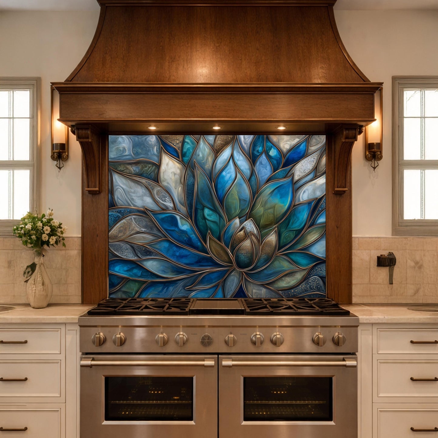 Blue Lotus Flower Tempered Glass Kitchen Backsplash, Stained Glass Mosaic Art Panel