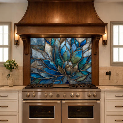 Blue Lotus Flower Tempered Glass Kitchen Backsplash, Stained Glass Mosaic Art Panel