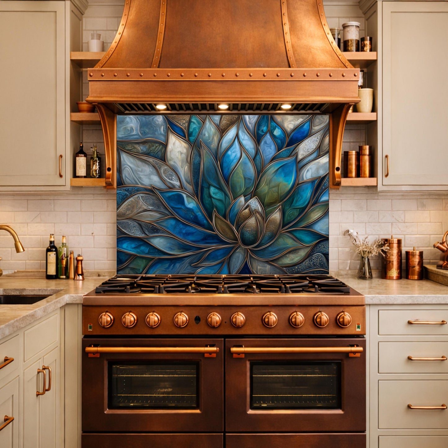 Blue Lotus Flower Tempered Glass Kitchen Backsplash, Stained Glass Mosaic Art Panel