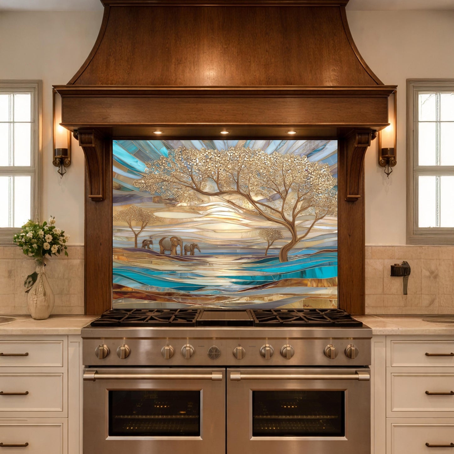 Luxury Elephant Glass Backsplash Blue Gold Savannah Tree Kitchen Wall Panel Art