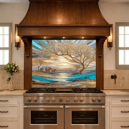 Luxury Elephant Glass Backsplash Blue Gold Savannah Tree Kitchen Wall Panel Art