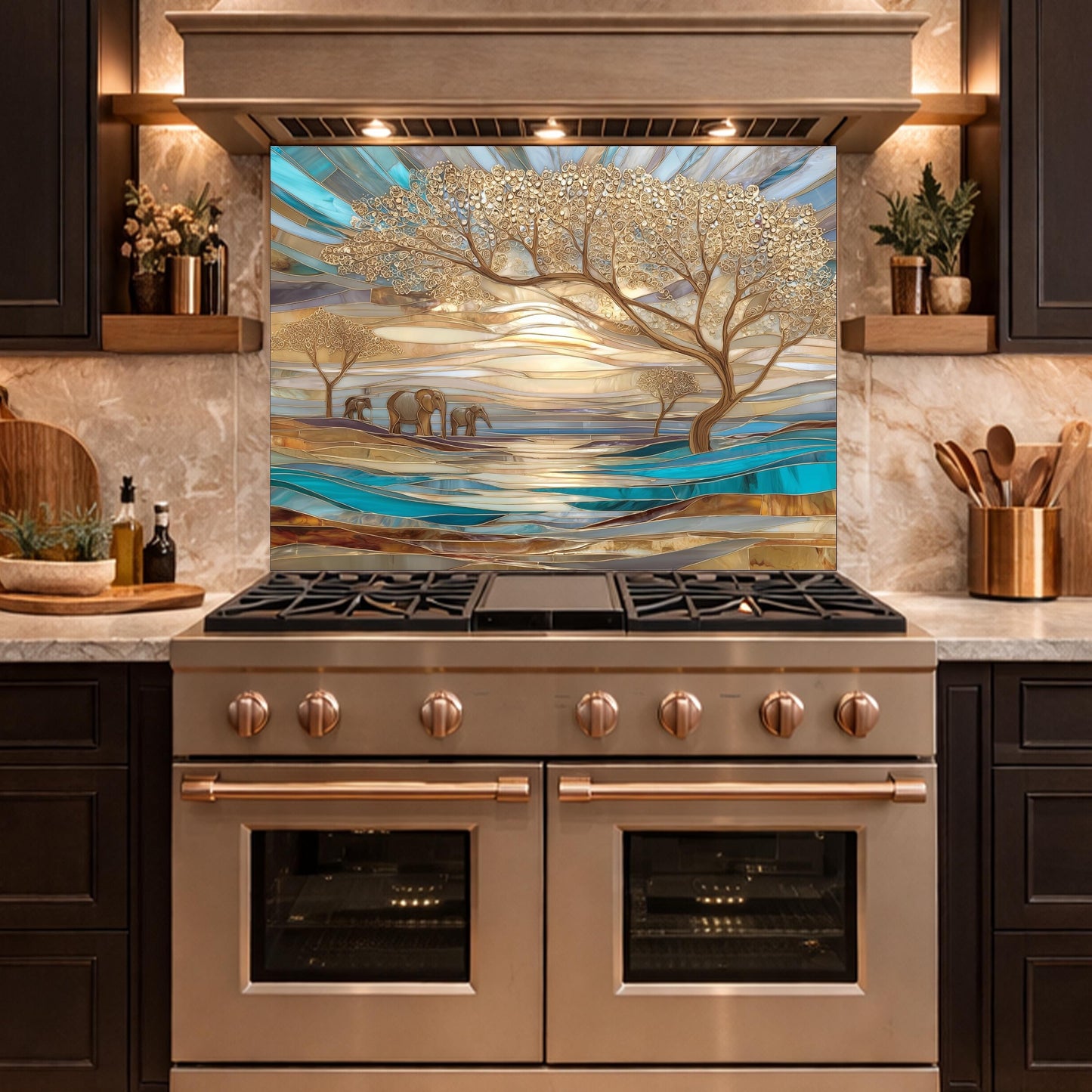 Luxury Elephant Glass Backsplash Blue Gold Savannah Tree Kitchen Wall Panel Art