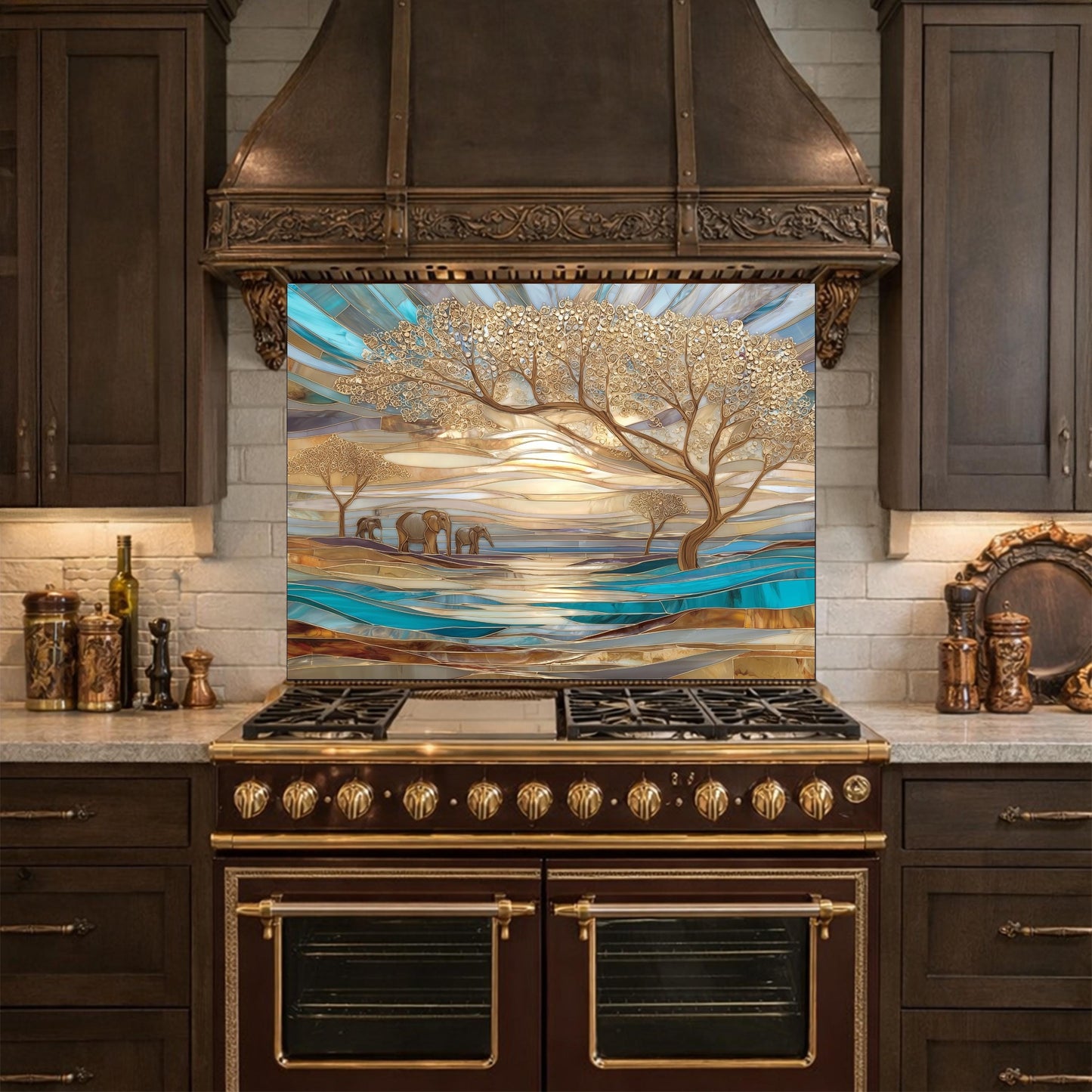 Luxury Elephant Glass Backsplash Blue Gold Savannah Tree Kitchen Wall Panel Art