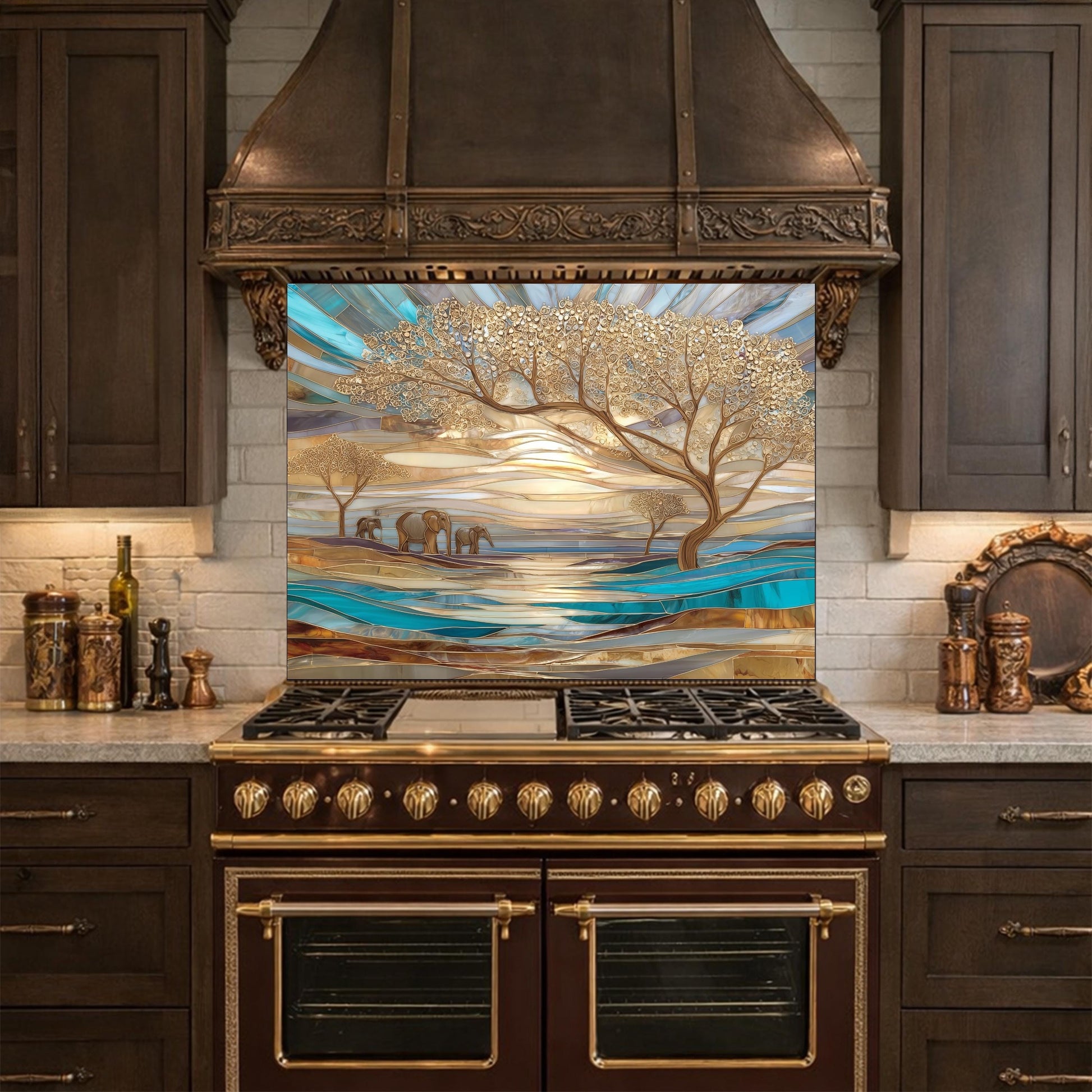 Luxury Elephant Glass Backsplash Blue Gold Savannah Tree Kitchen Wall Panel Art