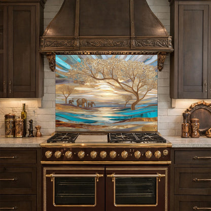 Luxury Elephant Glass Backsplash Blue Gold Savannah Tree Kitchen Wall Panel Art