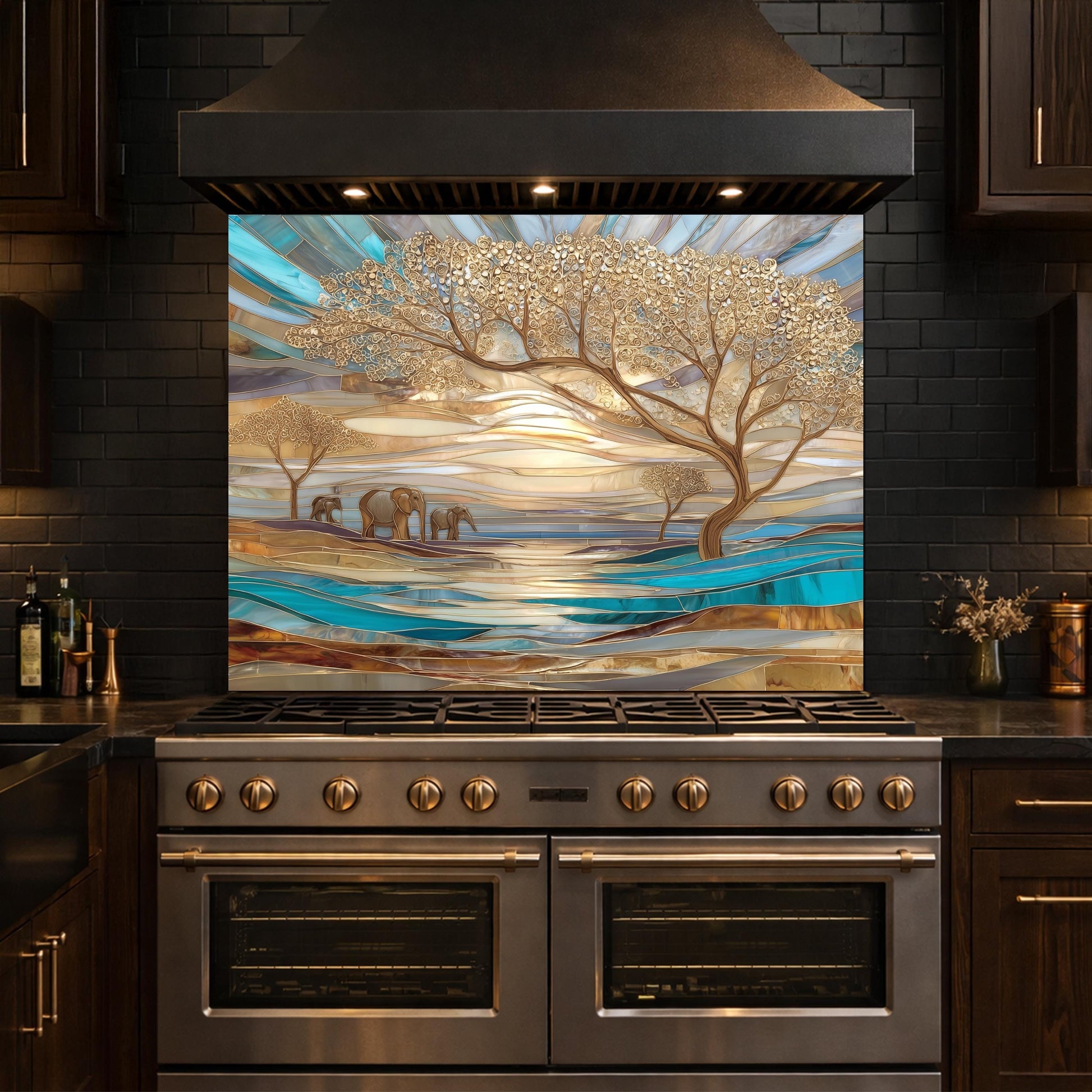 Luxury Elephant Glass Backsplash Blue Gold Savannah Tree Kitchen Wall Panel Art